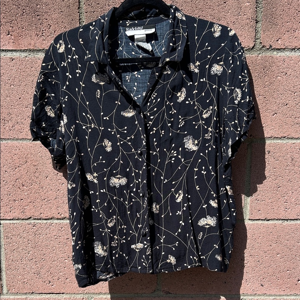 Vintage 90's Navy & White Floral Button-Down Shirt Blouse Medium M Petite